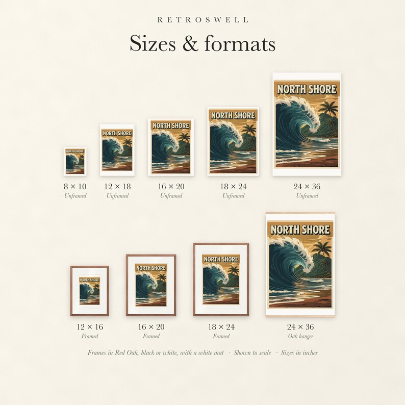 Sizes and formats for North Shore Surf, shown to scale: unframed prints from 8 by 10 to 24 by 36 inches, oak hanger and framed prints.