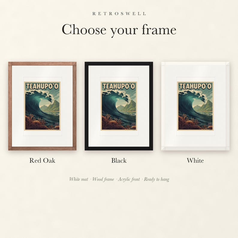 Frame options for Teahupo'o Surf: Red Oak, black and white wood frames, each with a white mat.