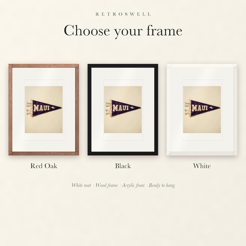 Frame options for Maui Surf Pennant: Red Oak, black and white wood frames, each with a white mat.