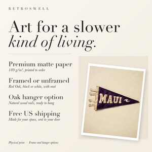 RetroSwell print details for Maui Surf Pennant: premium 189 g/m² matte paper, framed or unframed, oak hanger option, free US shipping.