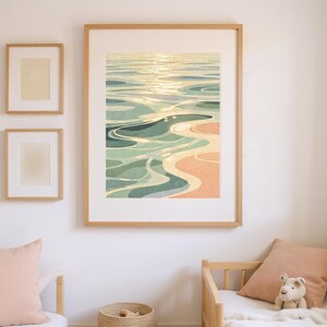 Ocean Ripples Art Print framed in a coastal dining room setting