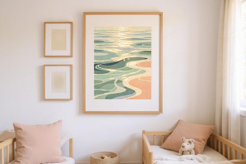 Ocean Ripples Art Print framed in a coastal dining room setting