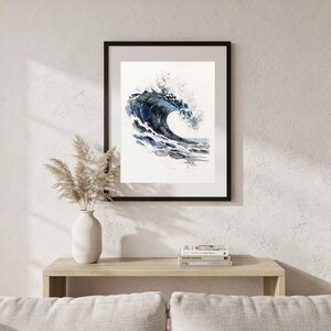 Watercolor Wave Painting Print, Indigo Barrel Ocean Art, Coastal Wall Decor, Surf Art, Beach House Gift, Printable Wall Art Digital Download image 6