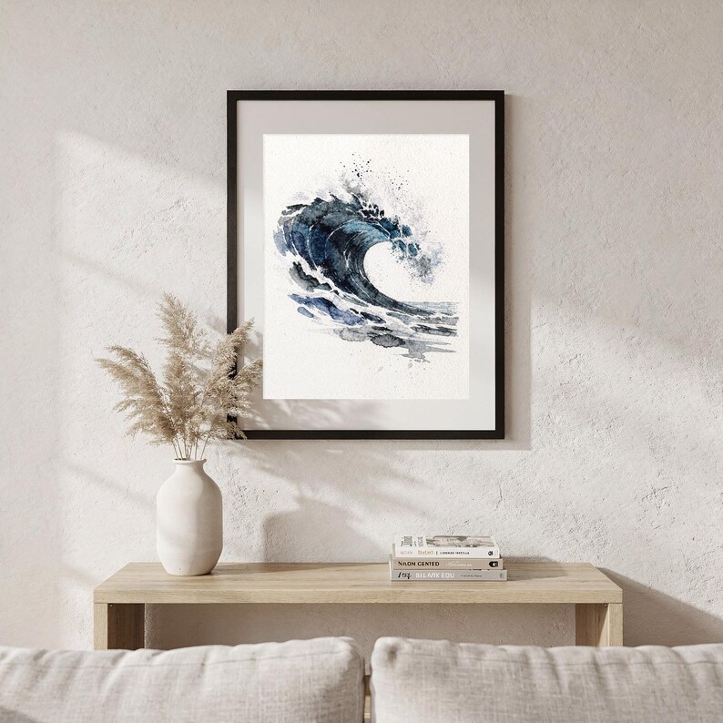 Watercolor Wave Painting Print, Indigo Barrel Ocean Art, Coastal Wall Decor, Surf Art, Beach House Gift, Printable Wall Art Digital Download image 6