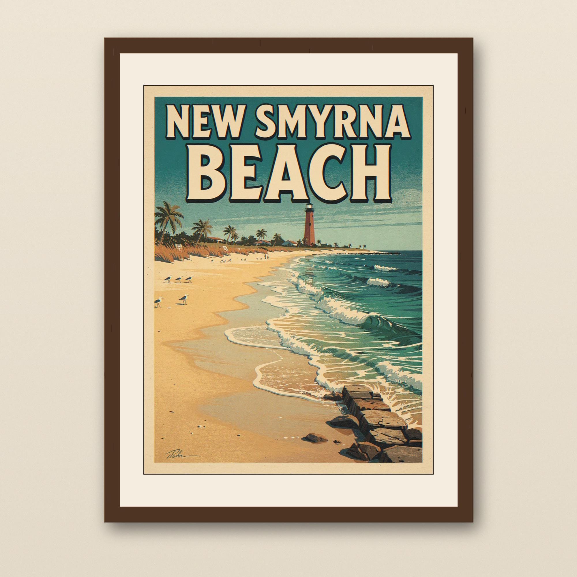 New Smyrna Beach Surf Print - walnut framed art print with cream mat on plaster wall