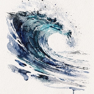 Watercolor Wave Art Set of 6, Indigo Ocean Gallery Wall Prints, Navy Coastal Beach House Decor, Printable Wall Art Digital Download image 6