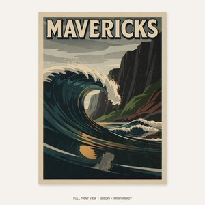 Mavericks California Surf Poster - full unframed print view, 300 DPI print-ready quality