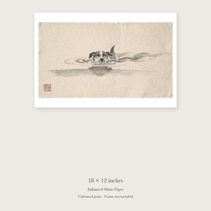 Swimming Dog Xieyi Ink unframed 18 by 12 inch print on enhanced matte paper, shown with its white paper border.