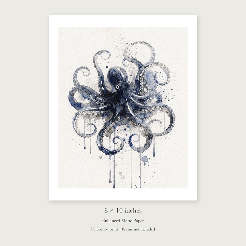 Octopus unframed 8 by 10 inch print on enhanced matte paper, shown with its white paper border.
