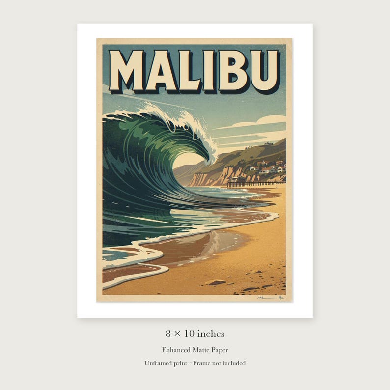 Malibu Surf unframed 8 by 10 inch print on enhanced matte paper, shown with its white paper border.