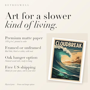 RetroSwell print details for Cloudbreak Surf: premium 189 g/m² matte paper, framed or unframed, oak hanger option, free US shipping.