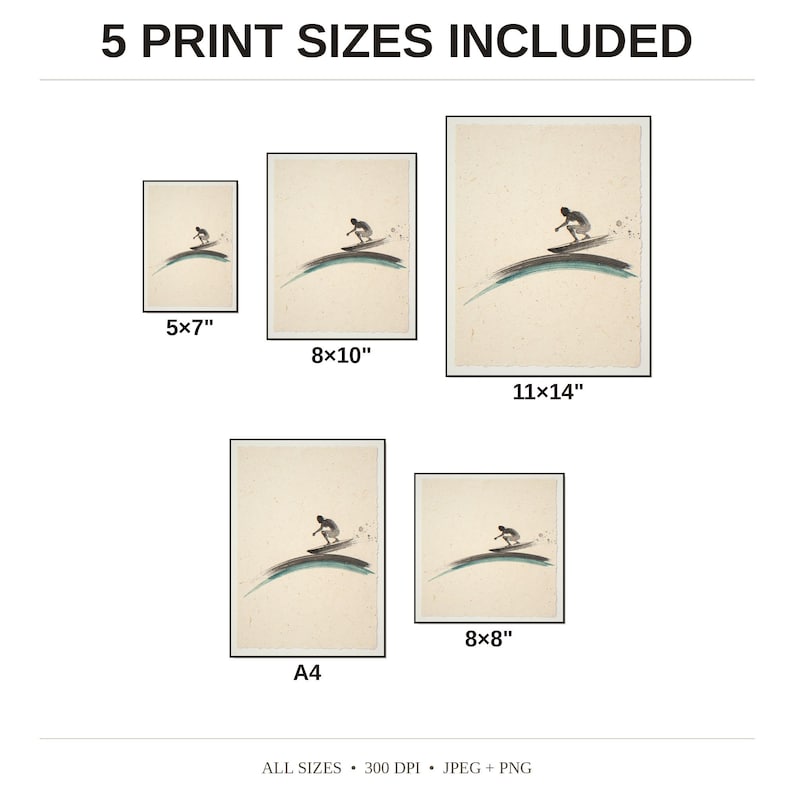 Sumi-e Surfer Cutback with Aqua Accent Print - available print sizes: 5x7, 8x10, 11x14, A4, and square