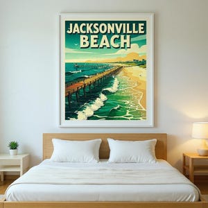 Jacksonville Beach Surf Poster framed in a modern bedroom setting