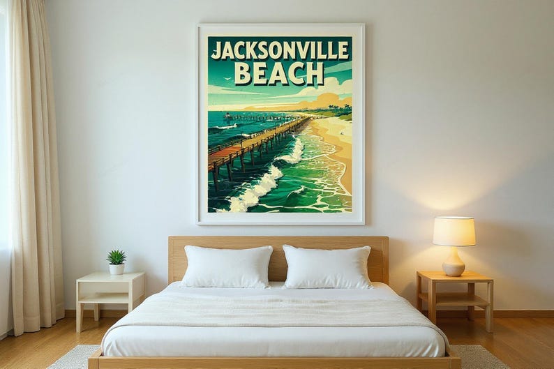 Jacksonville Beach Surf Poster framed in a modern bedroom setting