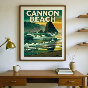 Cannon Beach Oregon Poster framed in a home office setting