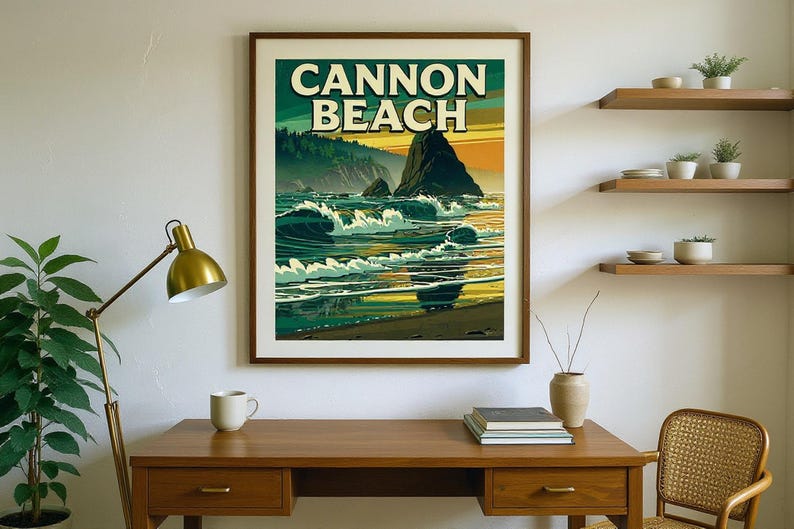 Cannon Beach Oregon Poster framed in a home office setting