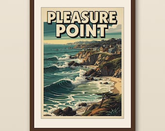 Pleasure Point-surfposter | Vintage surfreisposter | Retro strandkunst aan de muur | Afdrukbaar kustdecor