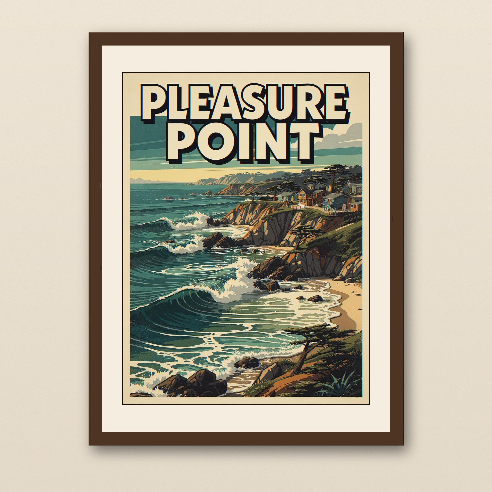 Pleasure Point Surf Poster - walnut framed art print with cream mat on plaster wall