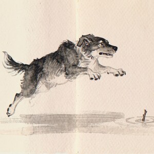Xieyi Ink Dog Chasing Stick Into Surf Print framed in a beach-style living room setting