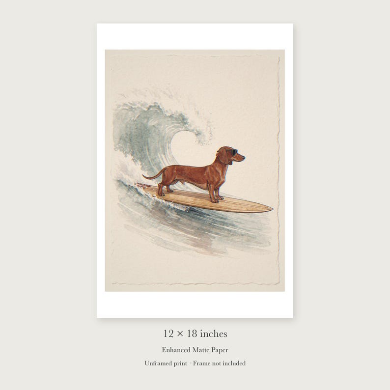 Stampa artistica di un bassotto surfista, con o senza cornice. Poster in stile acquerello con cane. immagine 8
