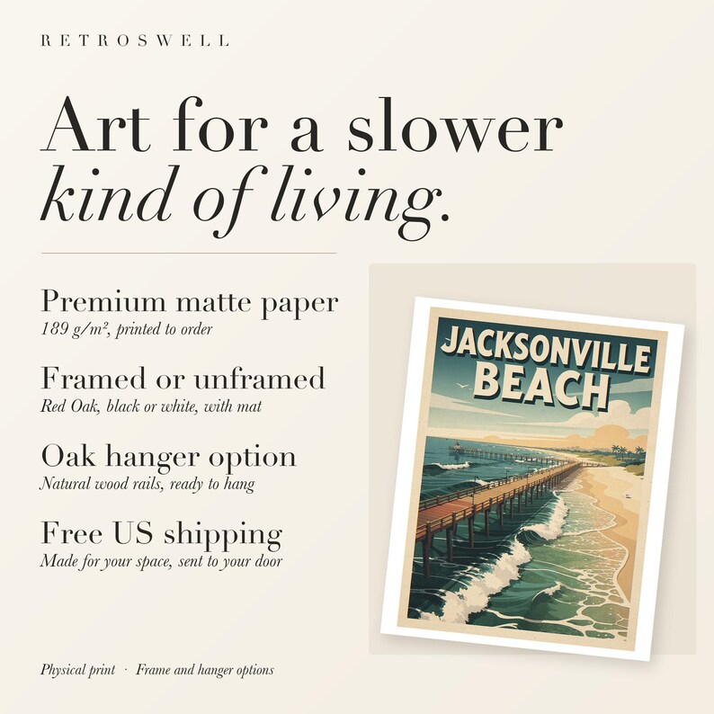 RetroSwell print details for Jacksonville Beach Surf: premium 189 g/m² matte paper, framed or unframed, oak hanger option, free US shipping.