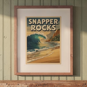 Snapper Rocks Surf Travel Poster print in a Red Oak frame with a white mat, hanging above the bench in a beach cottage entryway.