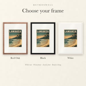 Frame options for Laniakea Surf: Red Oak, black and white wood frames, each with a white mat.