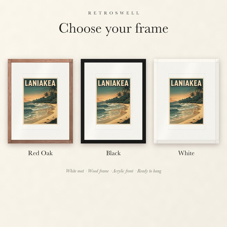 Frame options for Laniakea Surf: Red Oak, black and white wood frames, each with a white mat.