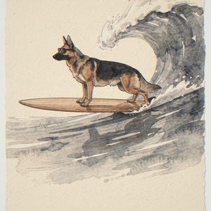 German Shepherd surfing unframed printed artwork and full composition with its paper border.