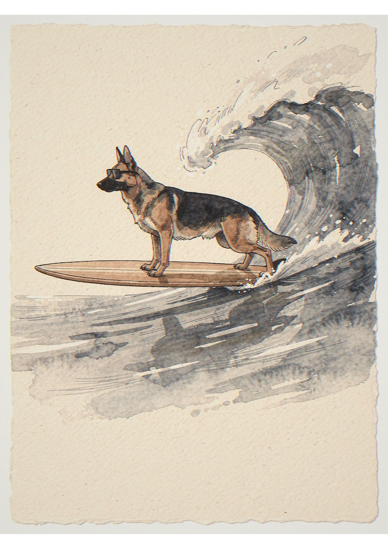 German Shepherd surfing unframed printed artwork and full composition with its paper border.