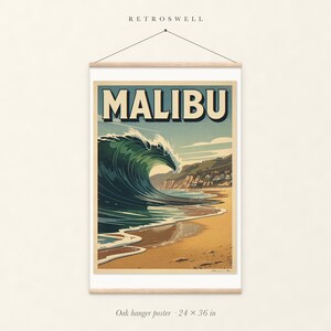 Malibu Surf oak hanger poster, 24 by 36 inches, with natural wood rails and a hanging cord.