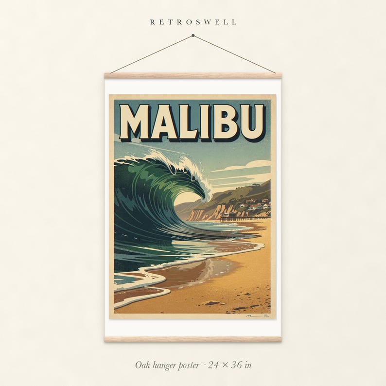 Malibu Surf oak hanger poster, 24 by 36 inches, with natural wood rails and a hanging cord.