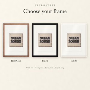 Frame options for Ocean Bound Patch: Red Oak, black and white wood frames, each with a white mat.