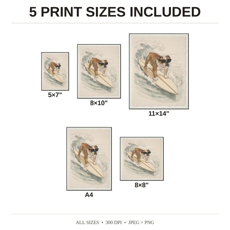 Bulldog Surfing Print - available print sizes: 5x7, 8x10, 11x14, A4, and square