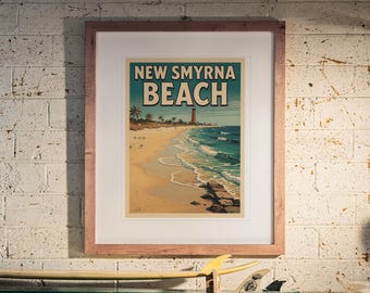 May include: A framed art print featuring a beach scene with the text NEW SMYRNA BEACH at the top. The illustration depicts a sandy shoreline, turquoise ocean waves, a distant lighthouse, and palm trees under a clear sky.