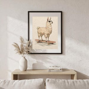 Surfing Llama Print, Cute Llama Watercolor Art, Coastal Nursery Decor, Sepia Ink Animal Illustration, Printable Wall Art Digital Download image 6
