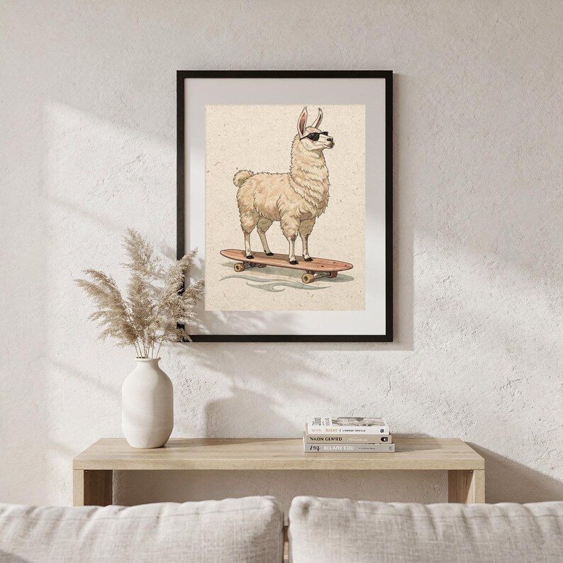 Surfing Llama Print, Cute Llama Watercolor Art, Coastal Nursery Decor, Sepia Ink Animal Illustration, Printable Wall Art Digital Download image 6