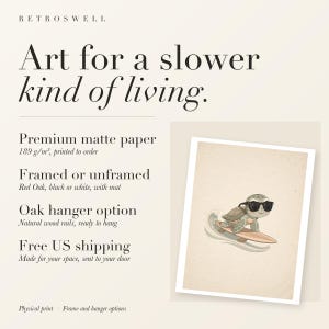 RetroSwell print details for Surfing Sea Turtle: premium 189 g/m² matte paper, framed or unframed, oak hanger option, free US shipping.