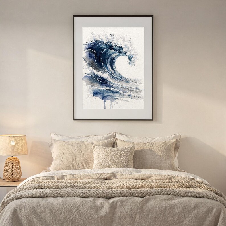 Stampa artistica ad acquerello con onde, La Cresta, Dipinto dell'Oceano Blu di Prussia, Decorazione murale costiera, Arte del surf, Stampa artistica digitale da parete immagine 7