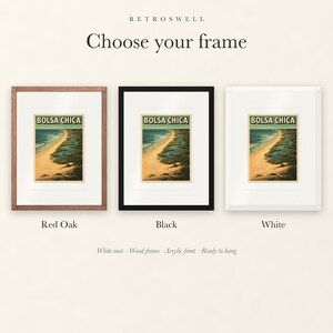 Frame options for Bolsa Chica Surf: Red Oak, black and white wood frames, each with a white mat.