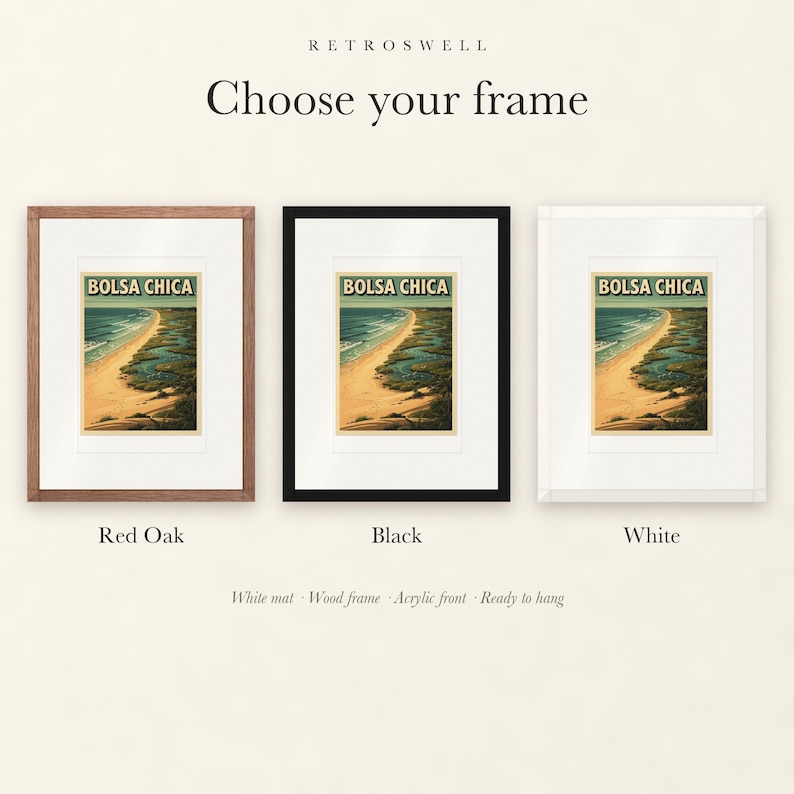 Frame options for Bolsa Chica Surf: Red Oak, black and white wood frames, each with a white mat.