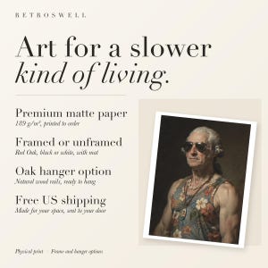 RetroSwell print details for George Washington: premium 189 g/m² matte paper, framed or unframed, oak hanger option, free US shipping.