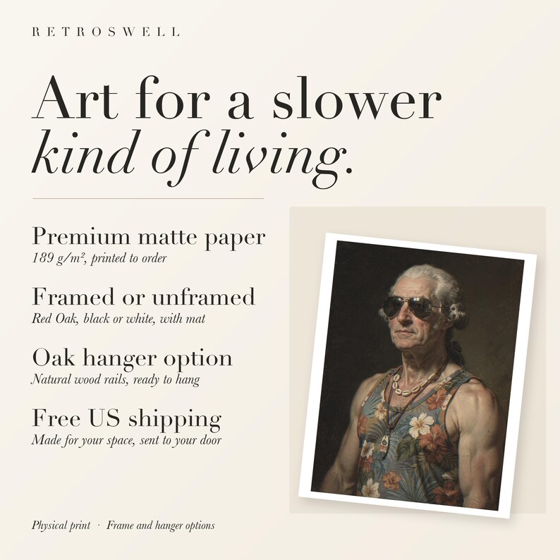 RetroSwell print details for George Washington: premium 189 g/m² matte paper, framed or unframed, oak hanger option, free US shipping.