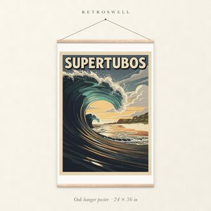 Supertubos Surf oak hanger poster, 24 by 36 inches, with natural wood rails and a hanging cord.