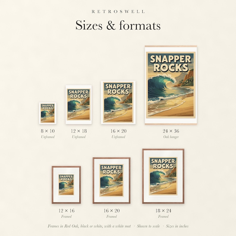 Sizes and formats for Snapper Rocks Surf, shown to scale: unframed prints, oak hanger and framed prints.