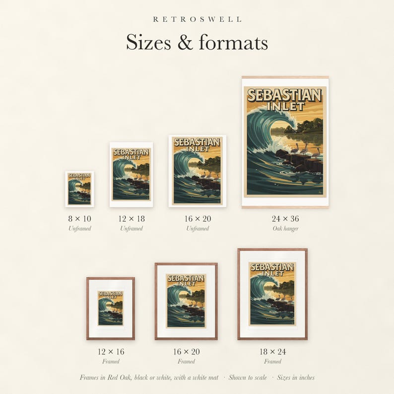 Sizes and formats for Sebastian Inlet Surf, shown to scale: unframed prints, oak hanger and framed prints.