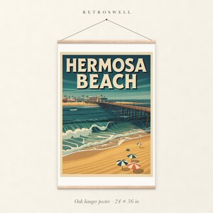 Hermosa Beach Surf oak hanger poster, 24 by 36 inches, with natural wood rails and a hanging cord.
