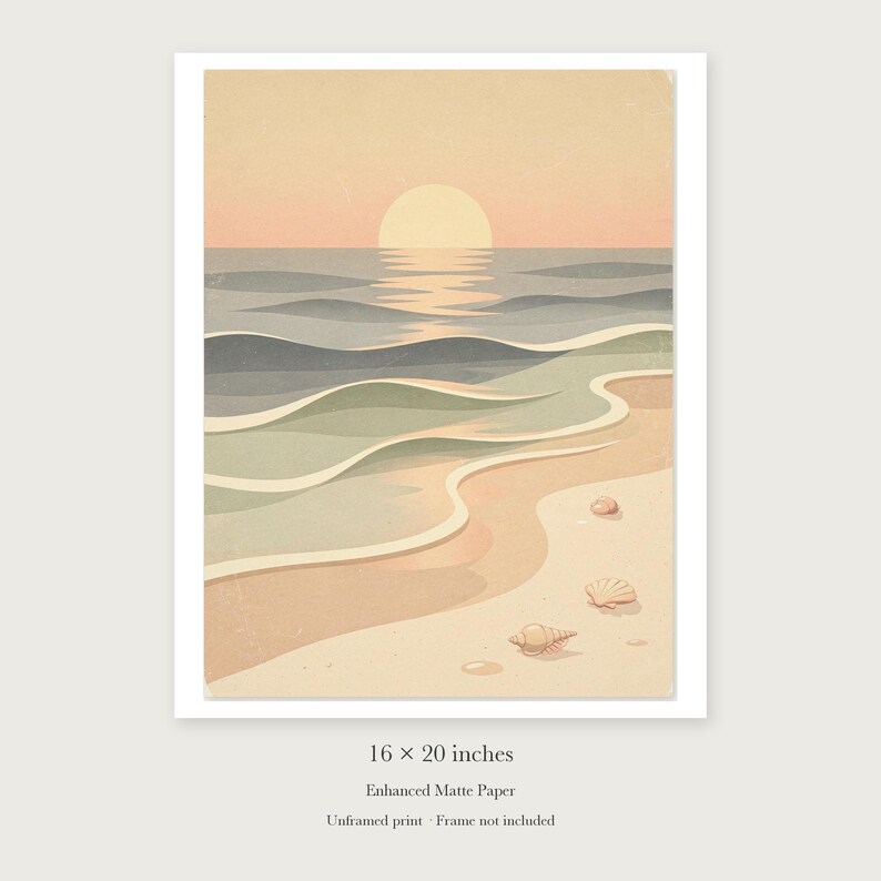 Pastel Sunset Shoreline Nursery unframed 16 by 20 inch print on enhanced matte paper, shown with its white paper border.