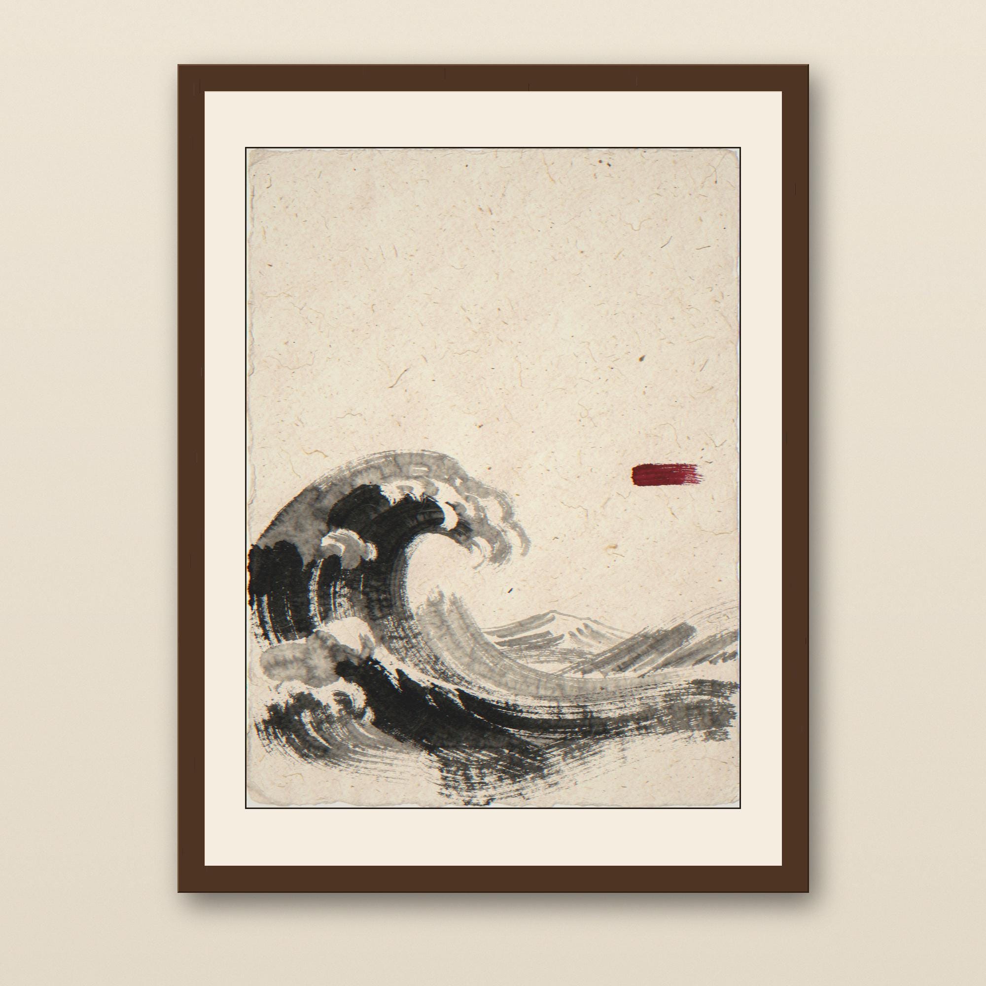 Sumi-e Wave Ink Painting with Red Accent Print - walnut framed art print with cream mat on plaster wall