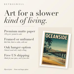 RetroSwell print details for Oceanside California Surf: premium 189 g/m² matte paper, framed or unframed, oak hanger option, free US shipping.